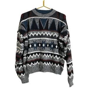Vintage Today's News Crewneck Sweater Unisex L Blue Geometric 90's Grandpacore